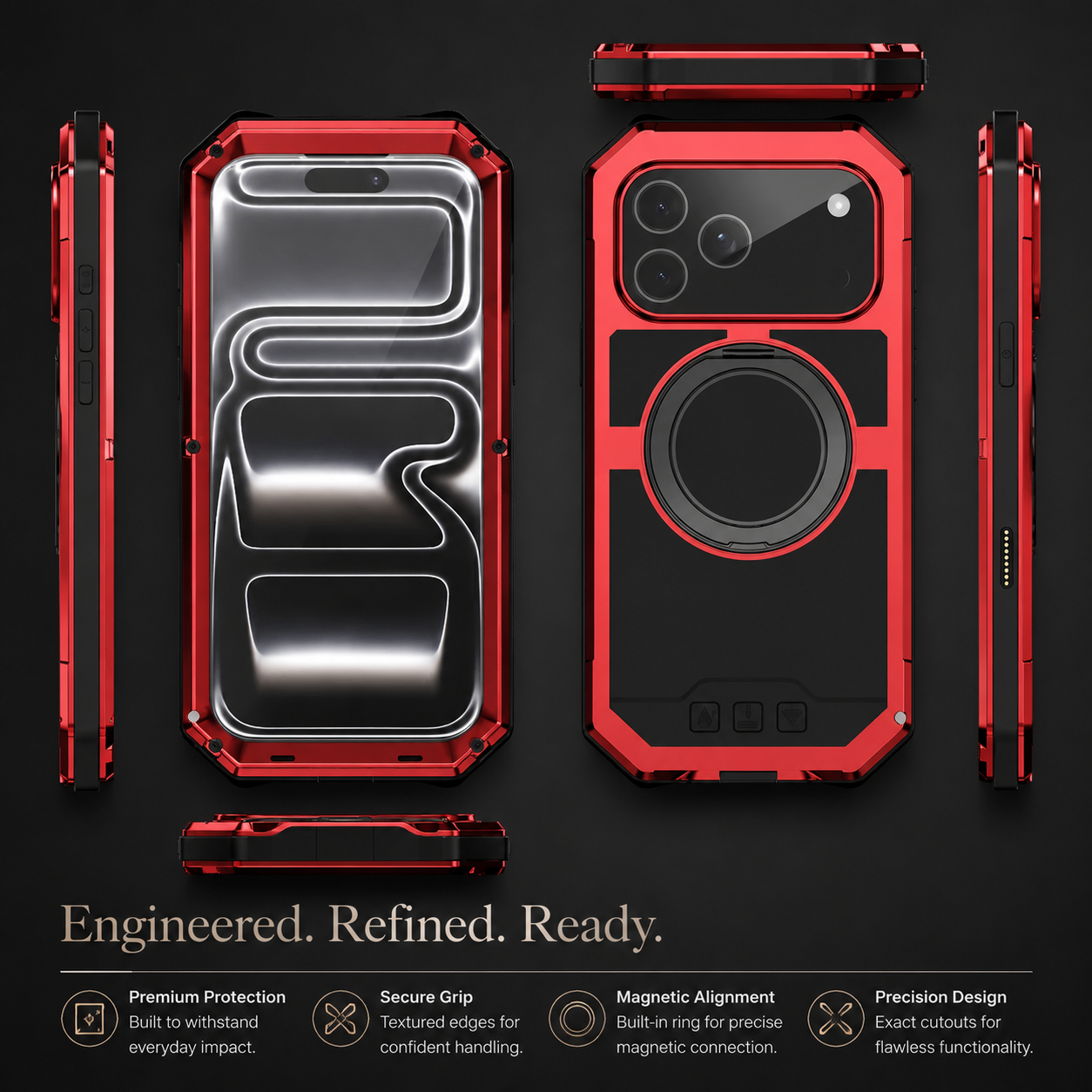 Premium iPhone Case Aluminum Armor MagSafe Compatible Protective Cover Built in Kickstand Glass Screen Protector Shockproof Bumper