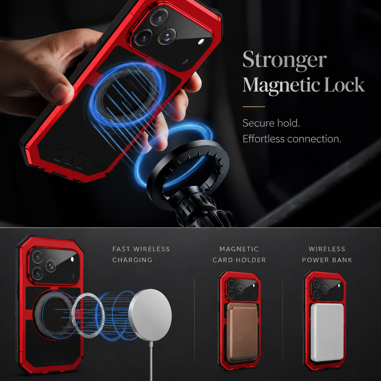 Premium iPhone Case Aluminum Armor MagSafe Compatible Protective Cover Built in Kickstand Glass Screen Protector Shockproof Bumper