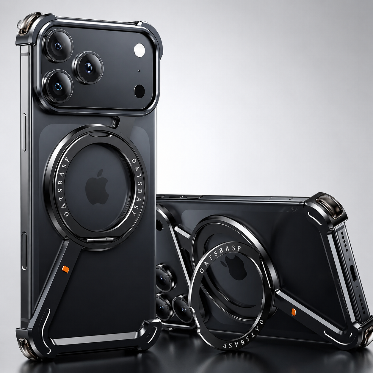 Premium iPhone Case Aluminum Magnetic Frameless MagSafe Compatible Protective Cover 360° Rotating Stand Ring Shockproof Camera Lens Guard