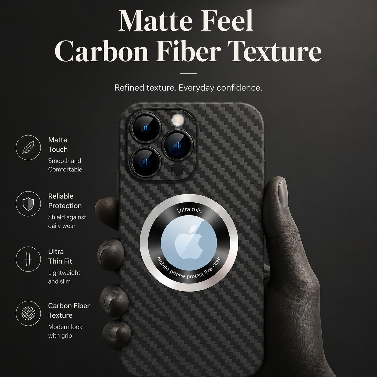 Premium iPhone Case Carbon Fiber MagSafe Cover Frameless Matte PC Slim Protective Case Logo Hollow Magnetic Ring Wireless Charging Compatible