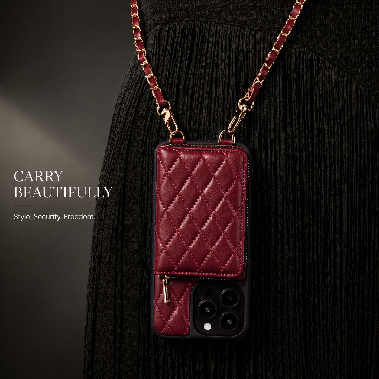 Premium iPhone Case Crossbody Leather Card Holder Cover Chain Strap Camera Lens Protection Shockproof Anti Scratch Non Slip Full Coverage