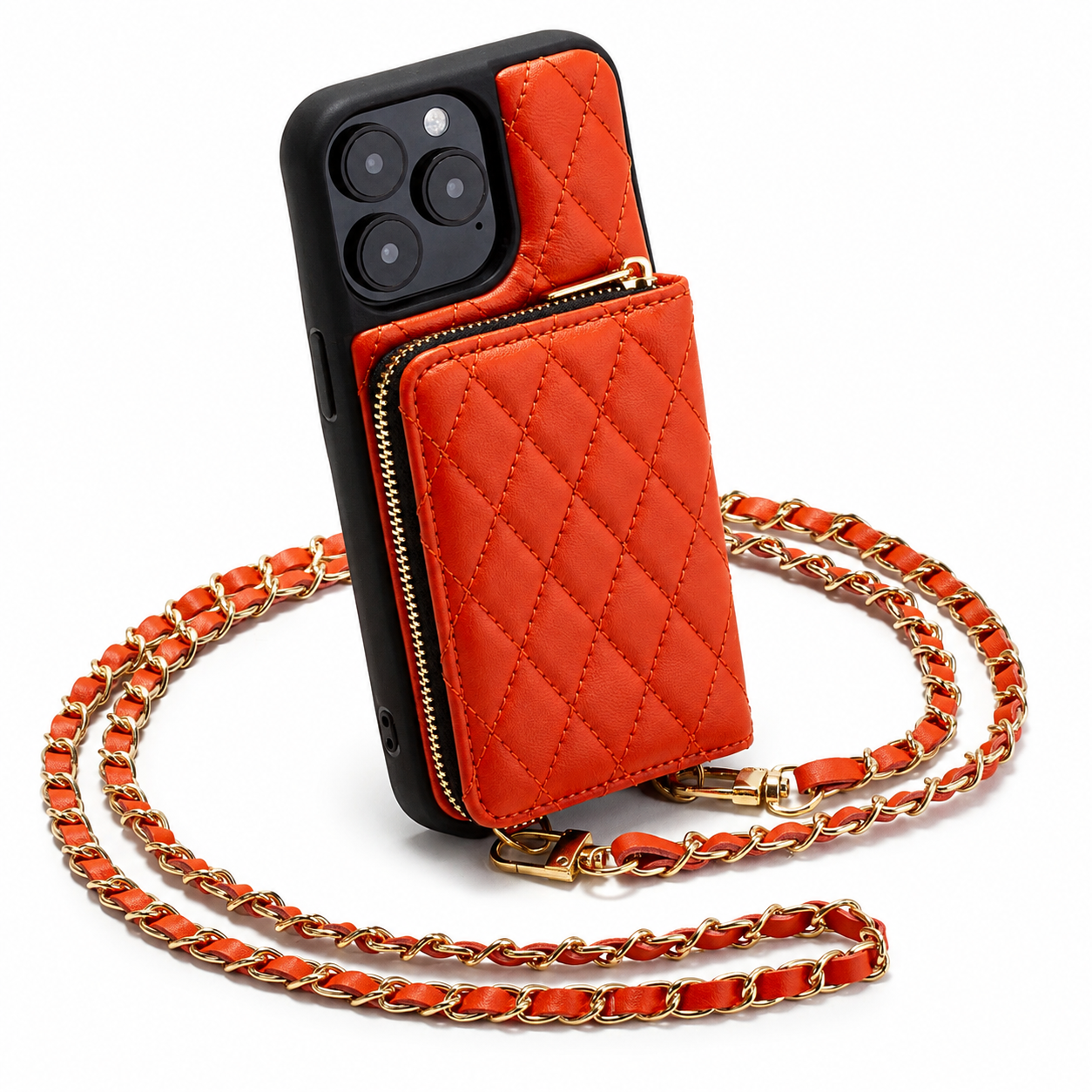 Premium iPhone Case Crossbody Leather Card Holder Cover Chain Strap Camera Lens Protection Shockproof Anti Scratch Non Slip Full Coverage