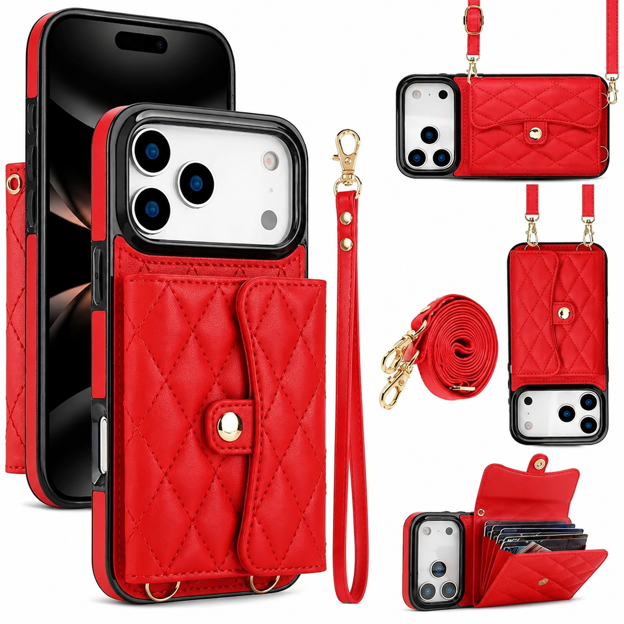 Premium iPhone Case Crossbody Leather Wallet Cover Card Holder Coin Pocket Wrist Strap Shoulder Strap Shockproof Protective Cover Full Coverage Non Slip Design