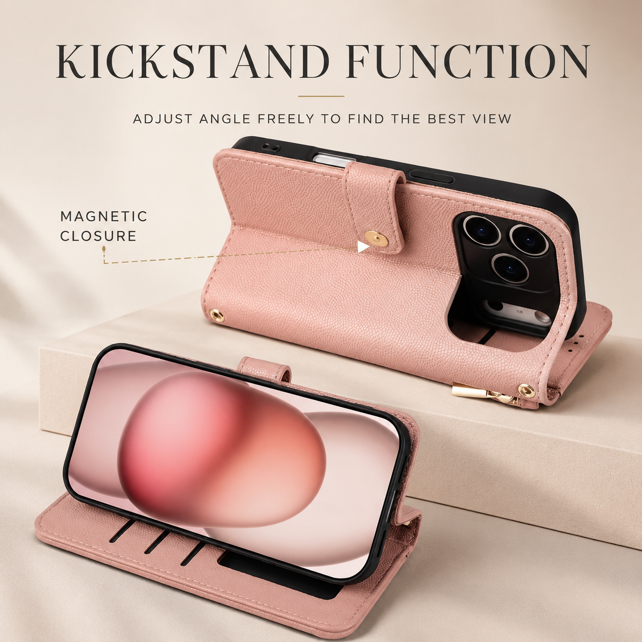 Premium iPhone Case Crossbody Leather Wallet Cover Card Holder Lanyard Strap Camera Lens Protection Anti Scratch Non Slip Protective PU Design
