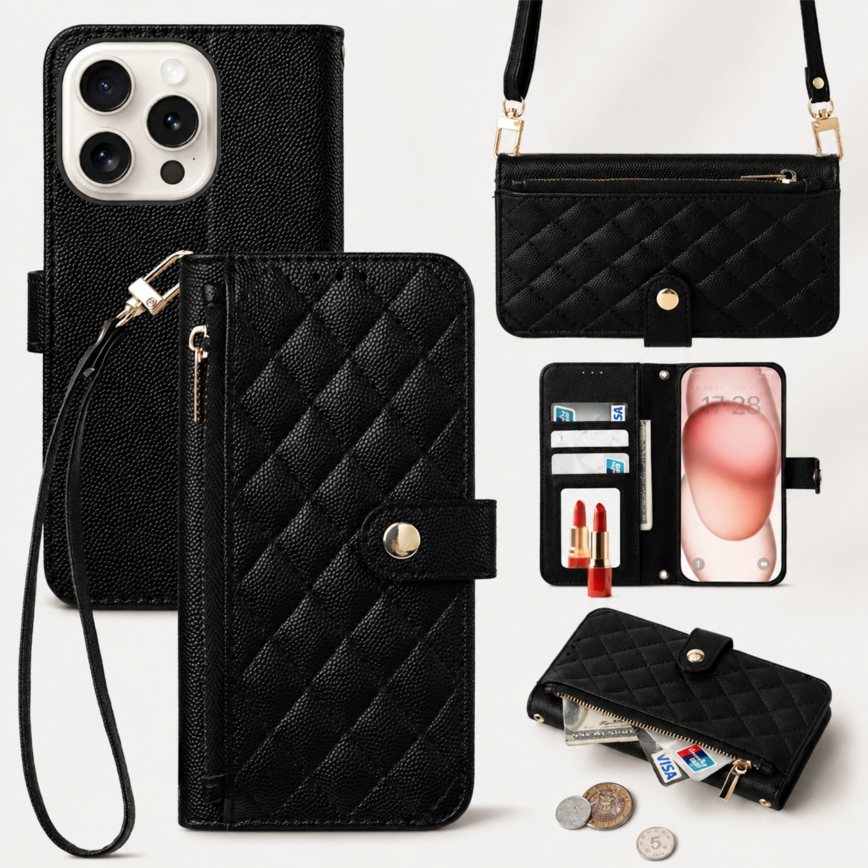 Premium iPhone Case Crossbody Leather Wallet Cover Card Holder Lanyard Strap Camera Lens Protection Anti Scratch Non Slip Protective PU Design