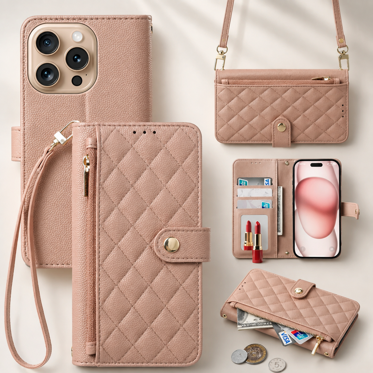 Premium iPhone Case Crossbody Leather Wallet Cover Card Holder Lanyard Strap Camera Lens Protection Anti Scratch Non Slip Protective PU Design