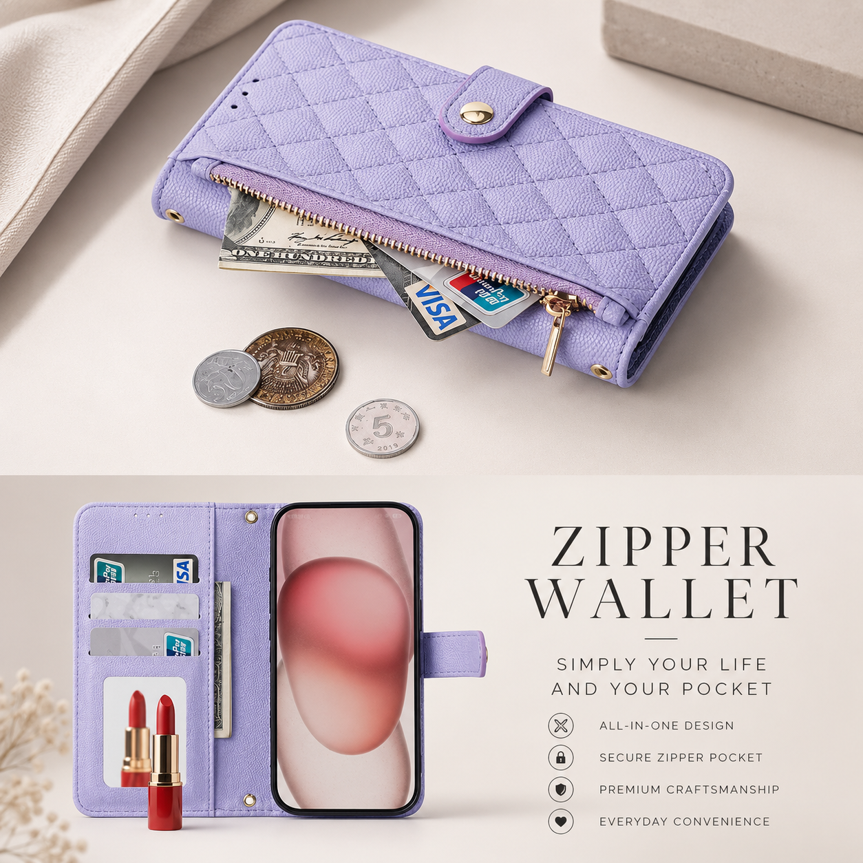 Premium iPhone Case Crossbody Leather Wallet Cover Card Holder Lanyard Strap Camera Lens Protection Anti Scratch Non Slip Protective PU Design