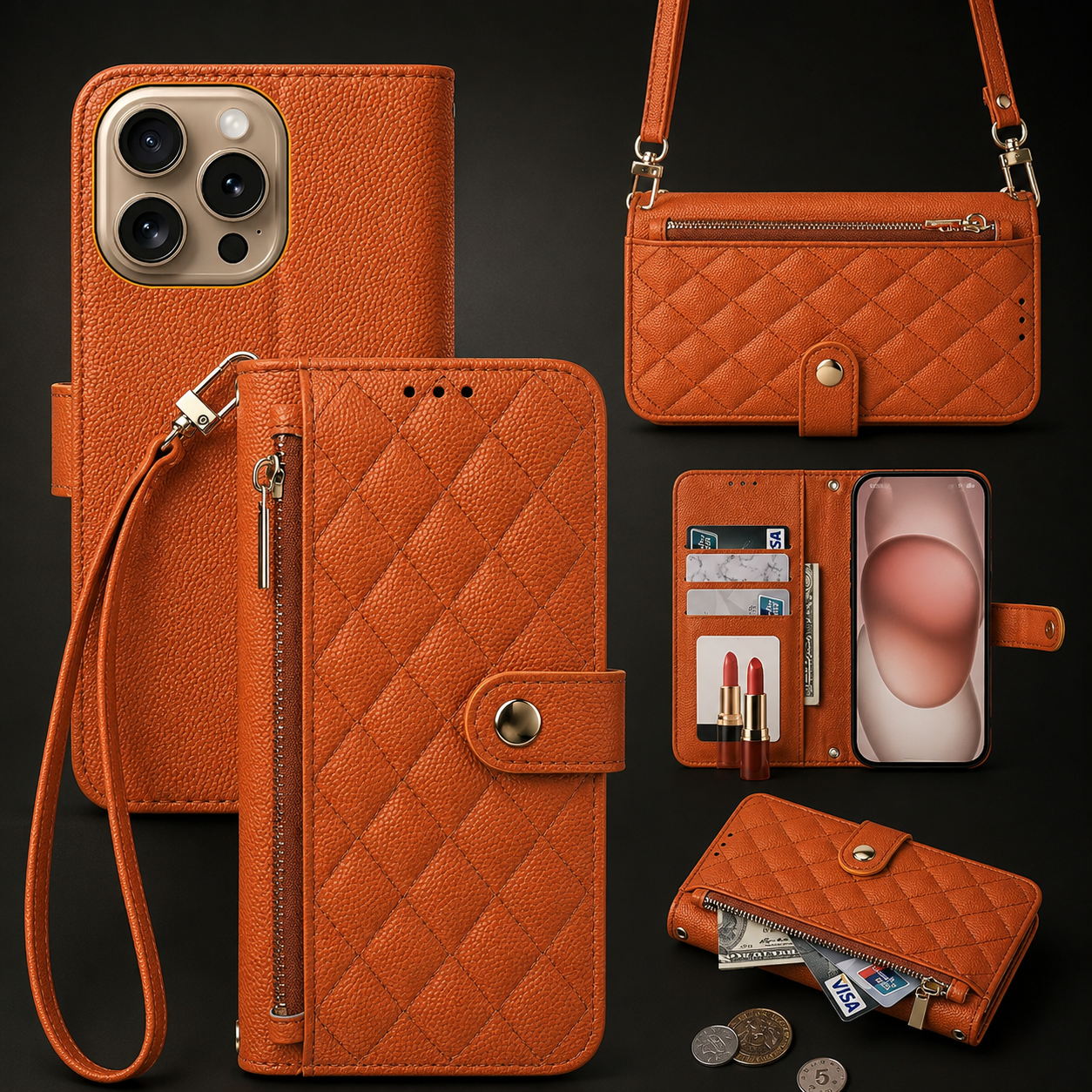 Premium iPhone Case Crossbody Leather Wallet Cover Card Holder Lanyard Strap Camera Lens Protection Anti Scratch Non Slip Protective PU Design