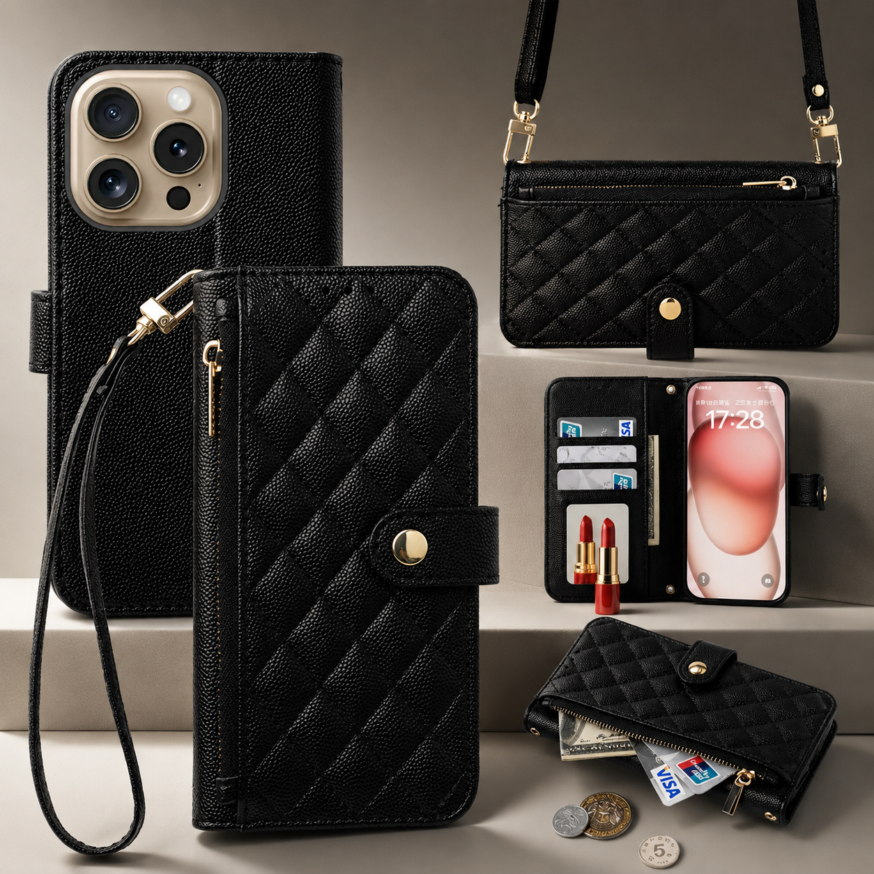 Premium iPhone Case Crossbody Leather Wallet Cover Card Holder Lanyard Strap Camera Lens Protection Anti Scratch Non Slip Protective PU Design