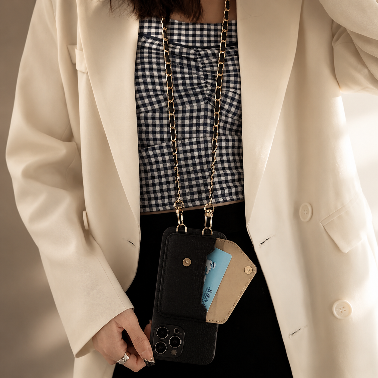 Premium iPhone Case Crossbody Wallet Cover Card Holder Chain Strap Camera Lens Protection PU Leather Shockproof Anti Scratch Full Coverage