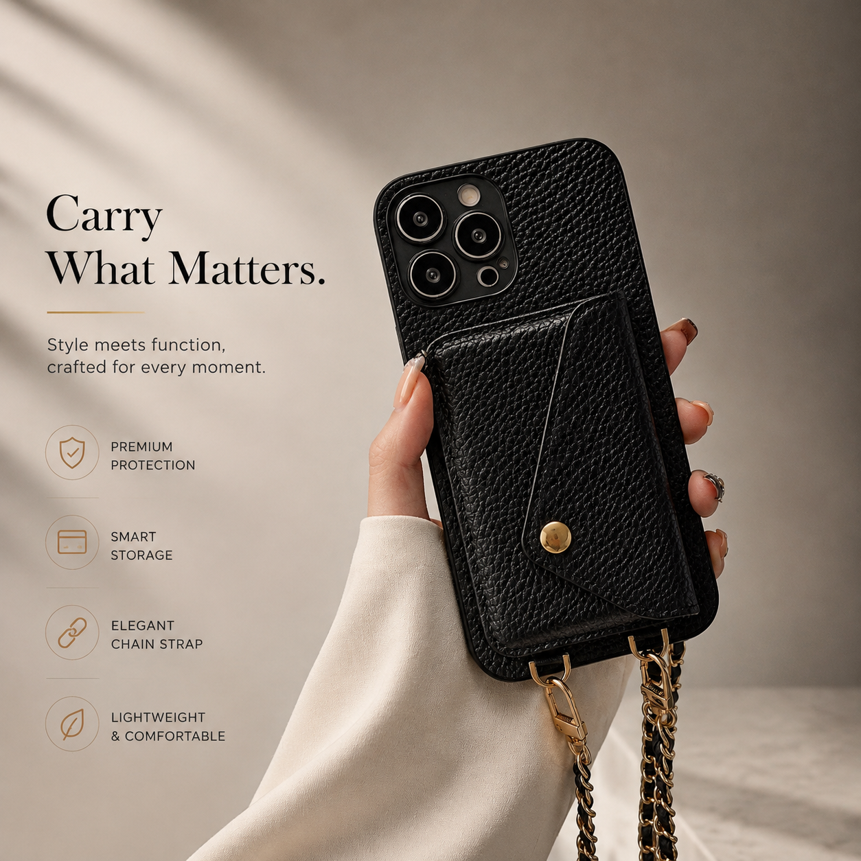 Premium iPhone Case Crossbody Wallet Cover Card Holder Chain Strap Camera Lens Protection PU Leather Shockproof Anti Scratch Full Coverage