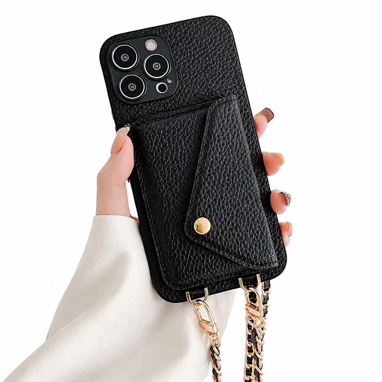Premium iPhone Case Crossbody Wallet Cover Card Holder Chain Strap Camera Lens Protection PU Leather Shockproof Anti Scratch Full Coverage