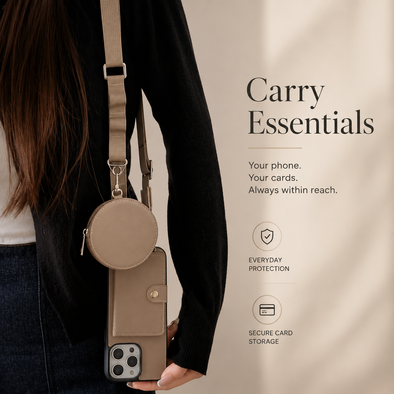 Premium iPhone Case Crossbody Wallet Cover PU Leather Card Slots Zipper Coin Purse Lanyard Strap Shockproof Protective Full Access Design Slim