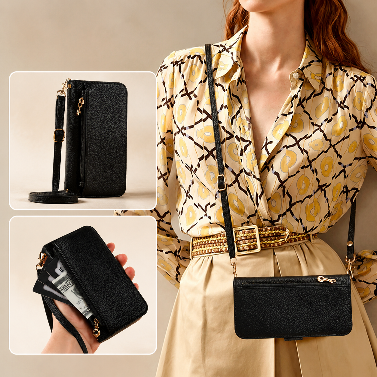 Premium iPhone Case Crossbody Wallet Cover PU Leather Zipper Card Holder Strap Shockproof Magnetic Closure Protective Full Coverage Design