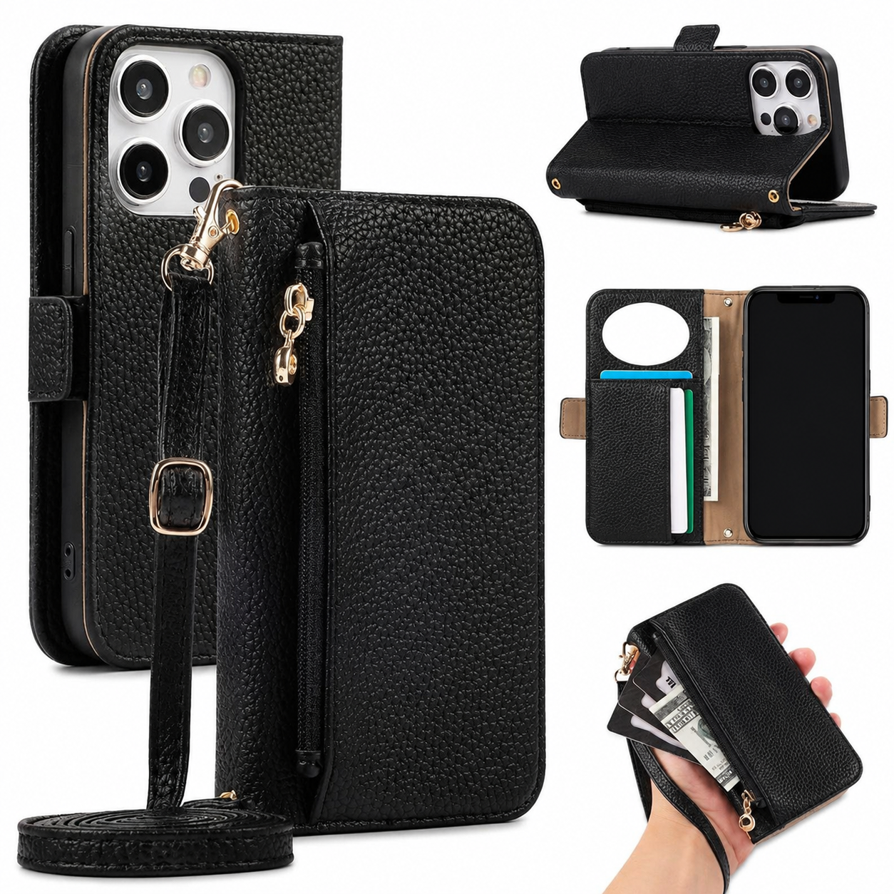 Premium iPhone Case Crossbody Wallet Cover PU Leather Zipper Card Holder Strap Shockproof Magnetic Closure Protective Full Coverage Design