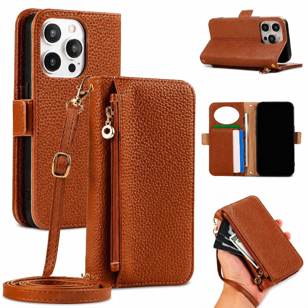 Premium iPhone Case Crossbody Wallet Cover PU Leather Zipper Card Holder Strap Shockproof Magnetic Closure Protective Full Coverage Design