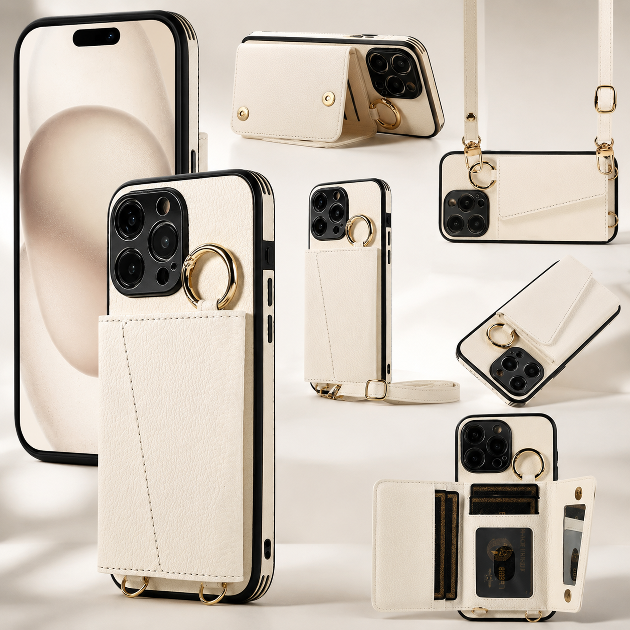 Premium iPhone Case Crossbody Wallet Leather Cover MagSafe Compatible Card Holder Strap Finger Ring Stand Shockproof Protective Case Full Coverage Design