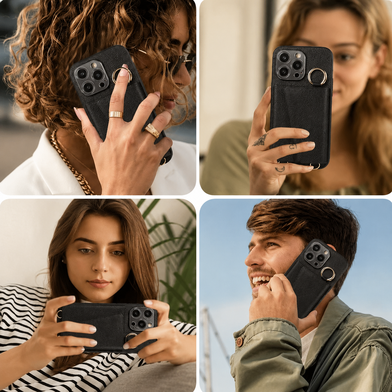 Premium iPhone Case Crossbody Wallet Leather Cover MagSafe Compatible Card Holder Strap Finger Ring Stand Shockproof Protective Case Full Coverage Design