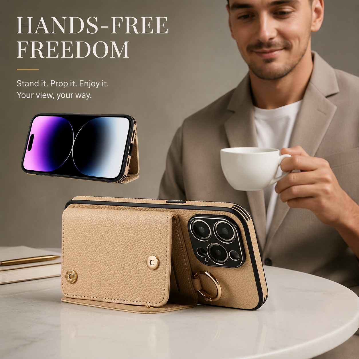 Premium iPhone Case Crossbody Wallet Leather Cover MagSafe Compatible Card Holder Strap Finger Ring Stand Shockproof Protective Case Full Coverage Design
