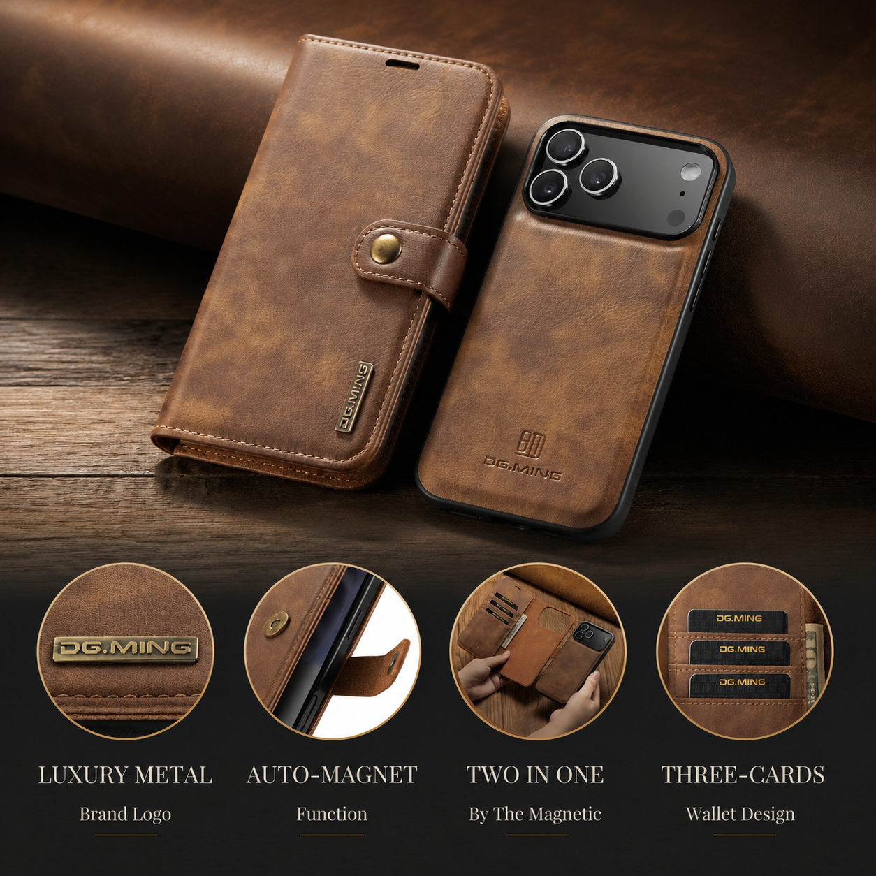 Premium iPhone Case Detachable Magnetic Leather Wallet Cover with Card Holder Flip Design Shockproof Full Body Protection Slim Durable Protective Style