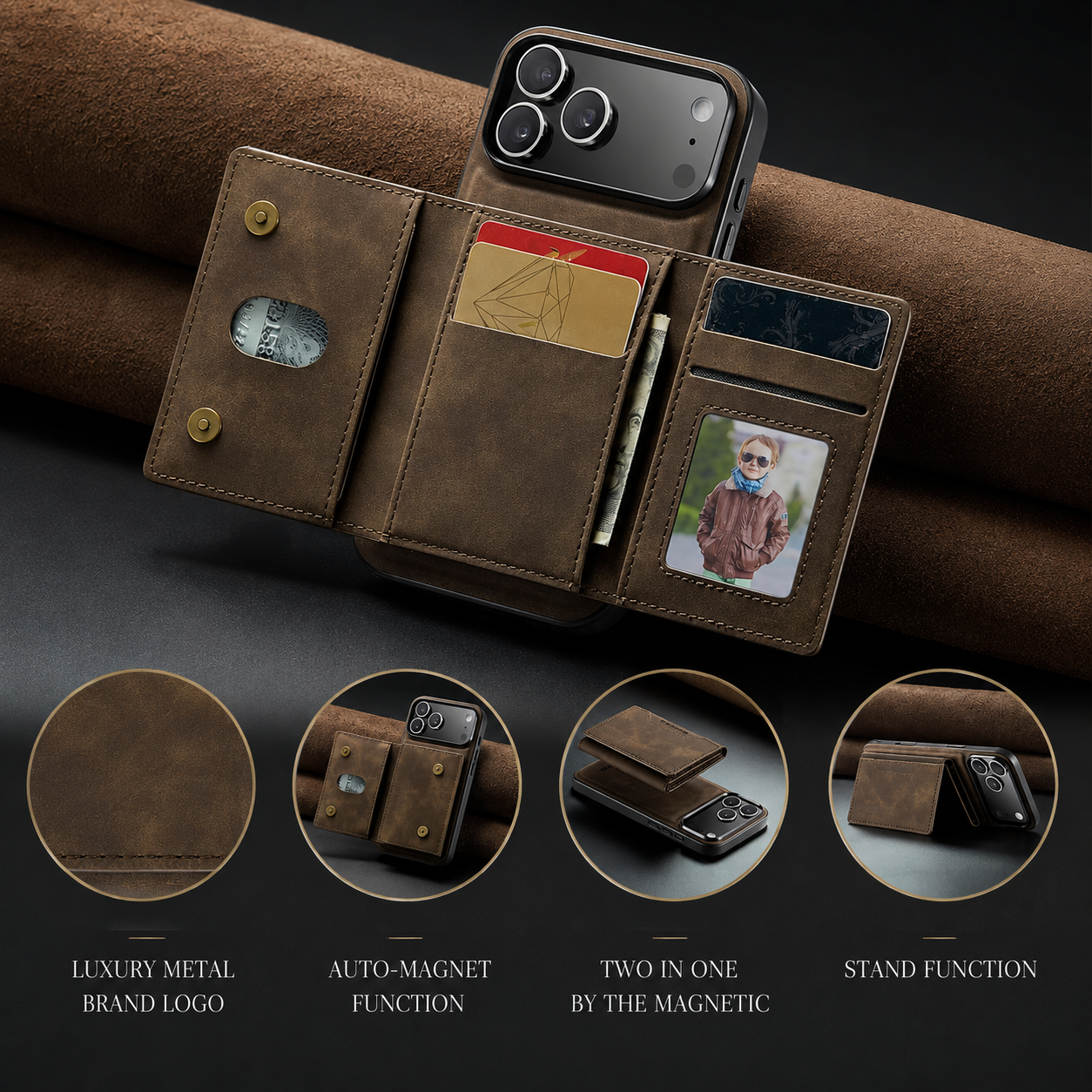 Premium iPhone Case Detachable Magnetic Leather Wallet Protective Cover Card Holder Kickstand Camera Lens Protection Anti Scratch Full Coverage