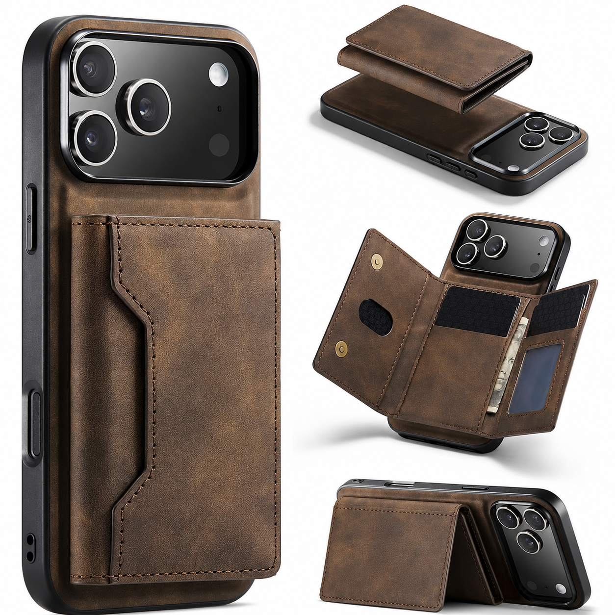 Premium iPhone Case Detachable Magnetic Leather Wallet Protective Cover Card Holder Kickstand Camera Lens Protection Anti Scratch Full Coverage