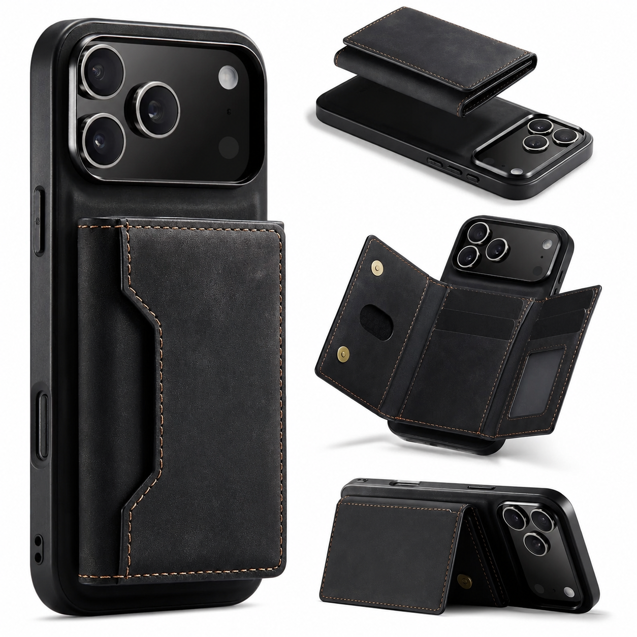 Premium iPhone Case Detachable Magnetic Leather Wallet Protective Cover Card Holder Kickstand Camera Lens Protection Anti Scratch Full Coverage