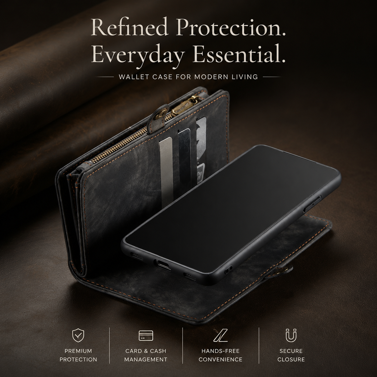 Premium iPhone Case Detachable Wallet Flip PU Leather Cover Zipper Card Holder Magnetic Closure Shockproof Protective Case Full Coverage Design