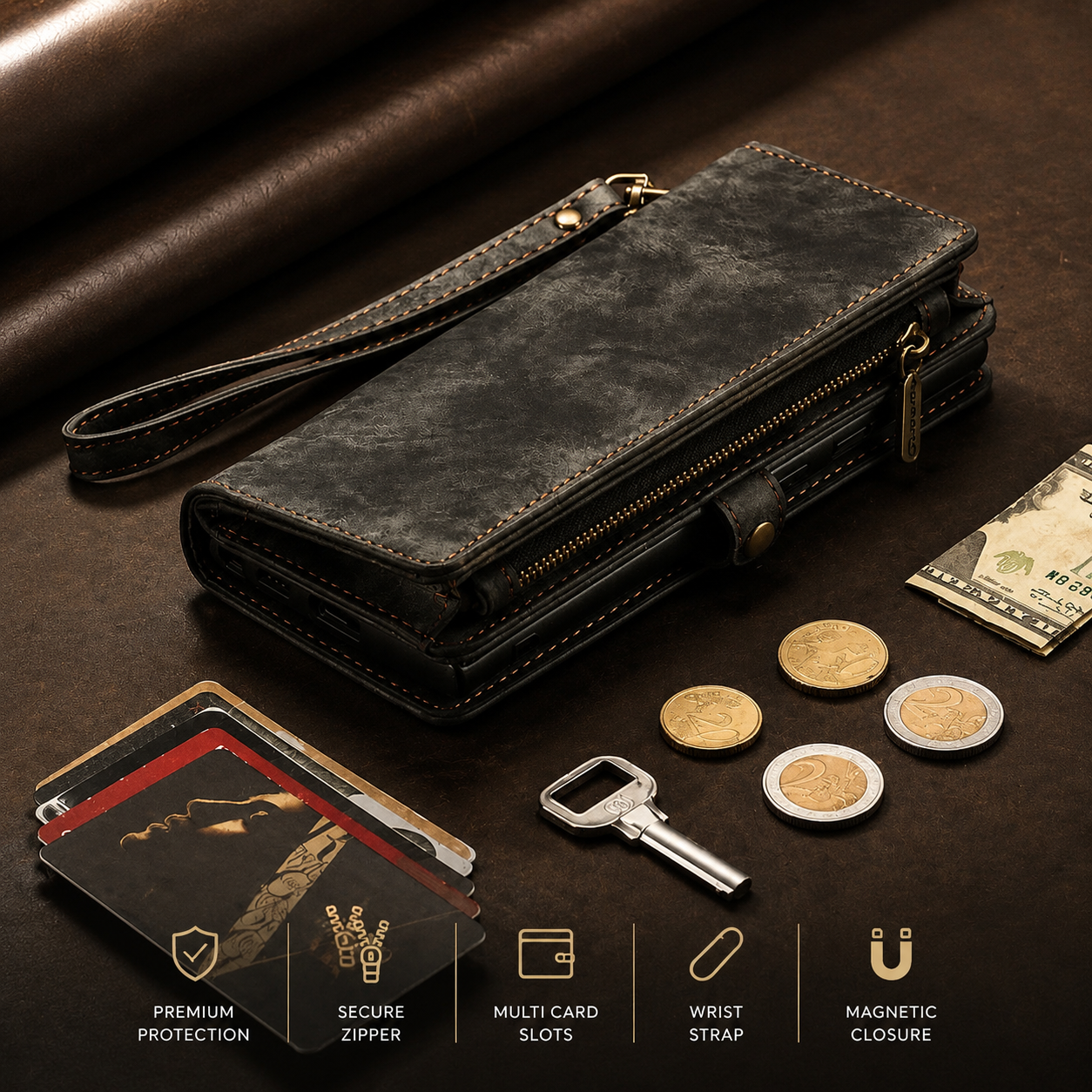 Premium iPhone Case Detachable Wallet Flip PU Leather Cover Zipper Card Holder Magnetic Closure Shockproof Protective Case Full Coverage Design