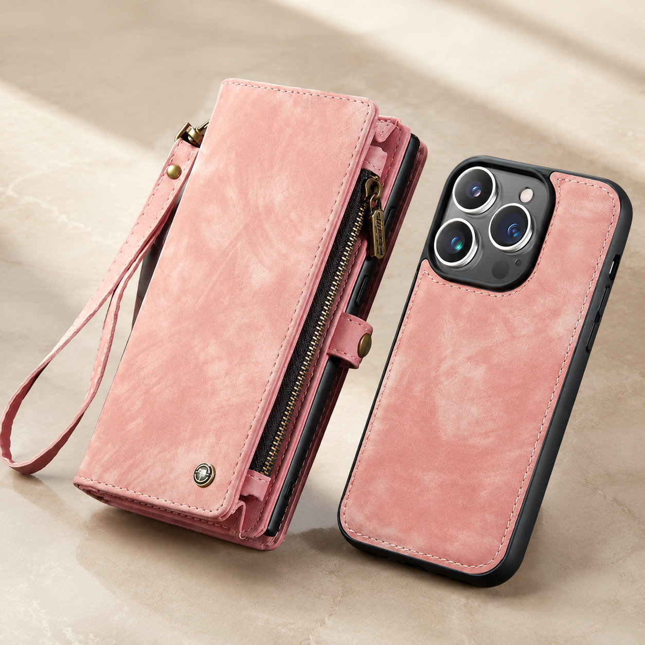 Premium iPhone Case Detachable Wallet Flip PU Leather Cover Zipper Card Holder Magnetic Closure Shockproof Protective Case Full Coverage Design