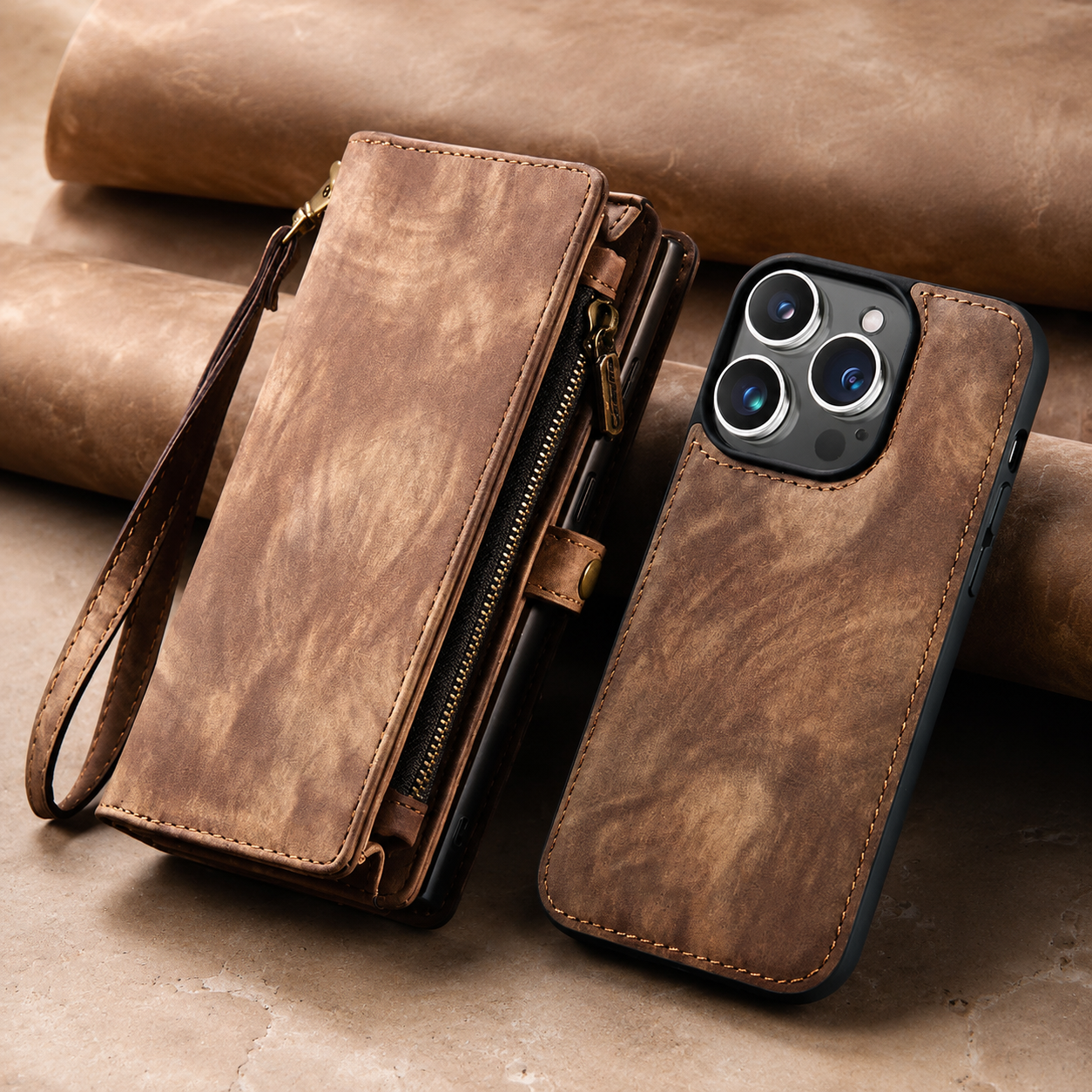 Premium iPhone Case Detachable Wallet Flip PU Leather Cover Zipper Card Holder Magnetic Closure Shockproof Protective Case Full Coverage Design