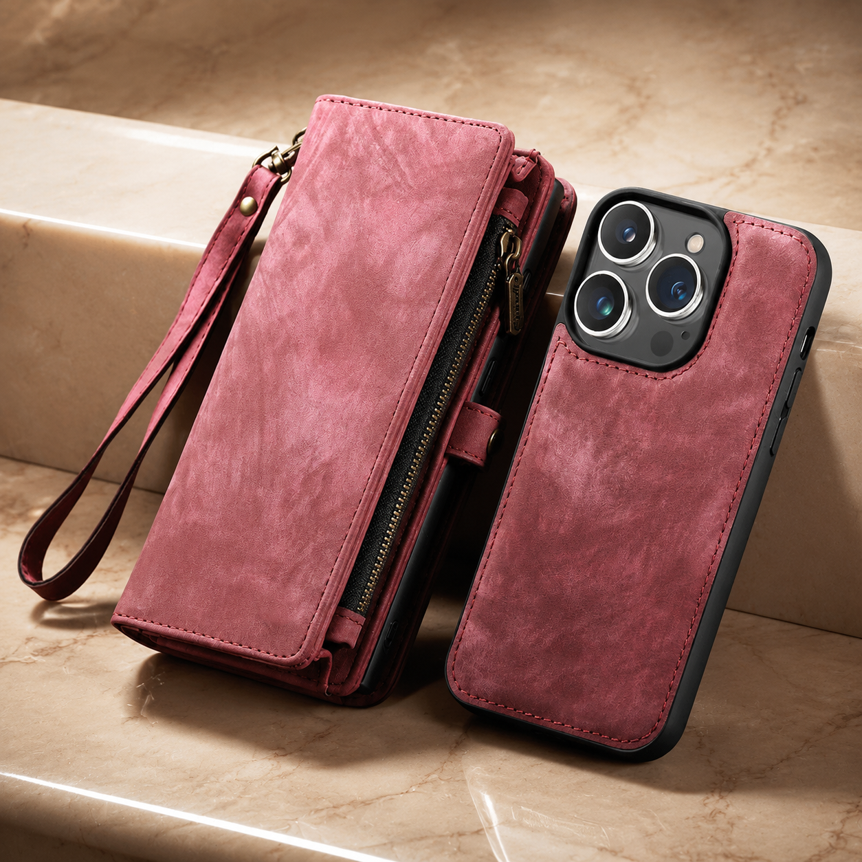 Premium iPhone Case Detachable Wallet Flip PU Leather Cover Zipper Card Holder Magnetic Closure Shockproof Protective Case Full Coverage Design