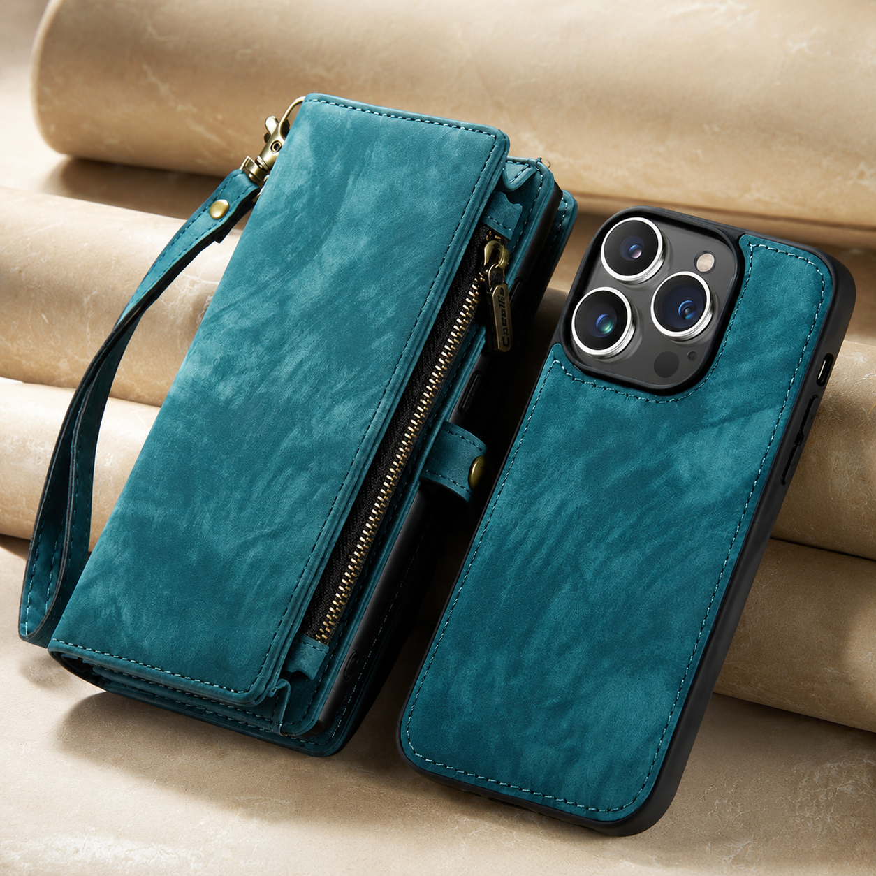 Premium iPhone Case Detachable Wallet Flip PU Leather Cover Zipper Card Holder Magnetic Closure Shockproof Protective Case Full Coverage Design