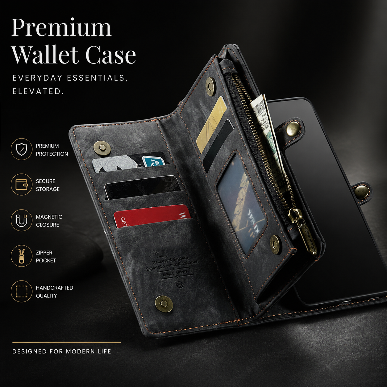 Premium iPhone Case Detachable Wallet Flip PU Leather Cover Zipper Card Holder Magnetic Closure Shockproof Protective Case Full Coverage Design