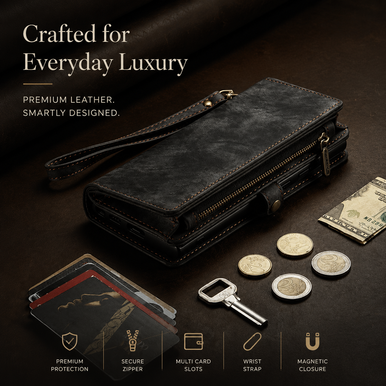 Premium iPhone Case Detachable Wallet Flip PU Leather Cover Zipper Card Holder Magnetic Closure Shockproof Protective Case Full Coverage Design