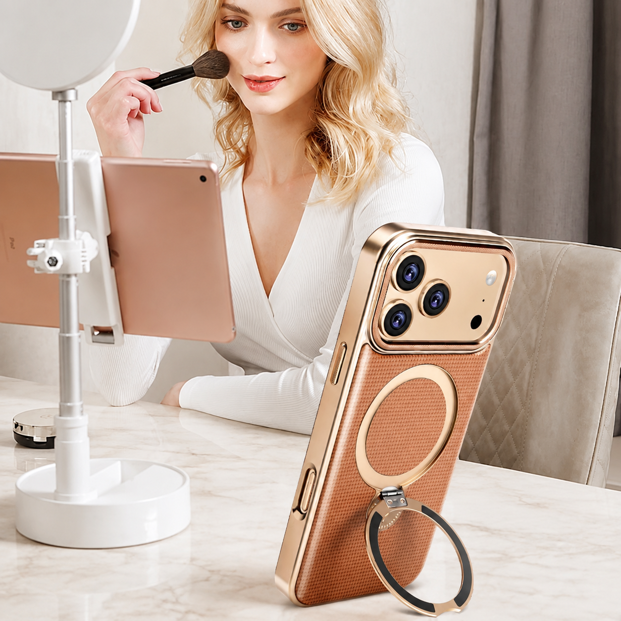 Premium iPhone Case Diamond Pattern Leather MagSafe Compatible Cover Rotating Kickstand Camera Lens Protection Shockproof Anti Fingerprint Design