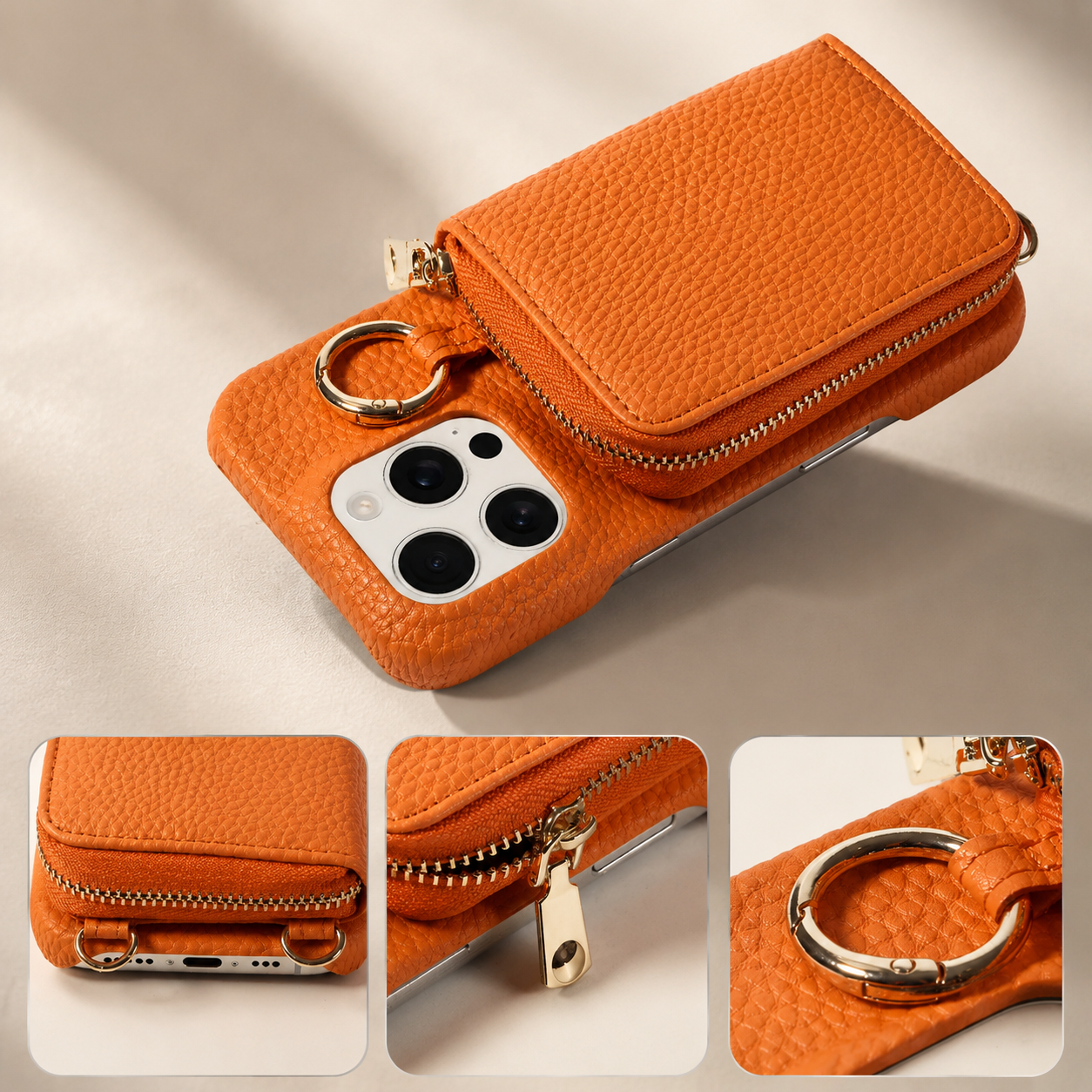 Premium iPhone Case Faux Leather Crossbody Wallet Cover Card Holder Ring Stand Shockproof Anti Scratch Protective Case Lanyard Full Coverage