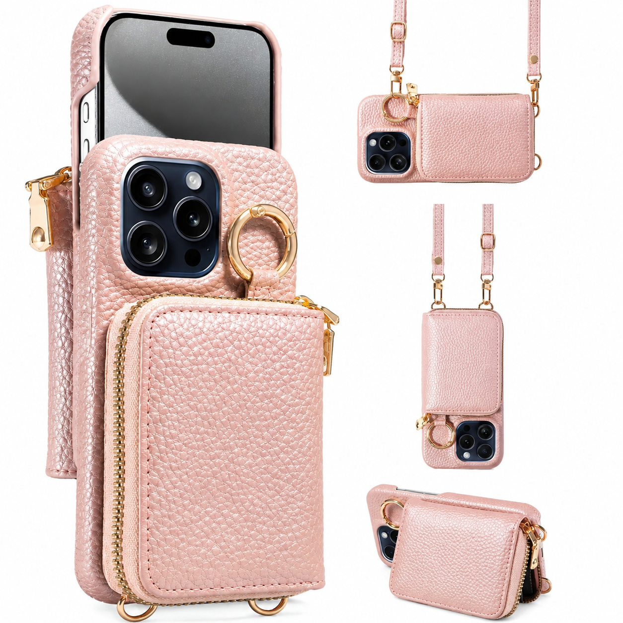 Premium iPhone Case Faux Leather Crossbody Wallet Cover Card Holder Ring Stand Shockproof Anti Scratch Protective Case Lanyard Full Coverage