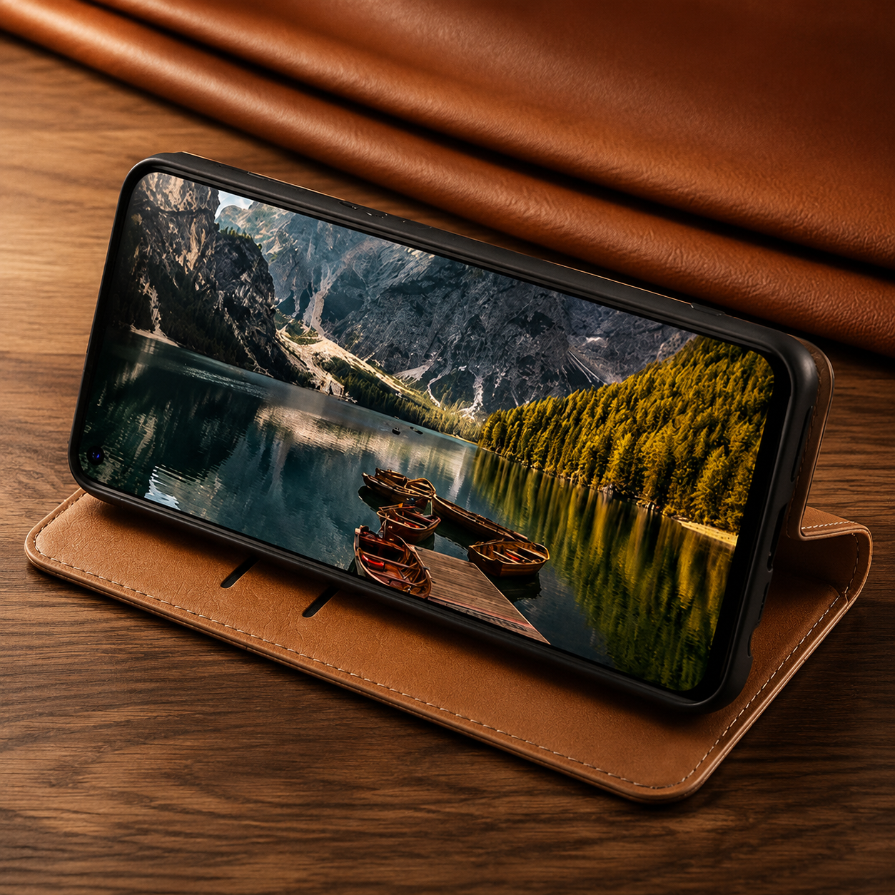 Premium iPhone Case Genuine Leather Flip Cover Card Holder Kickstand Magnetic Closure Shockproof Full Body Protective Design Slim Business Style