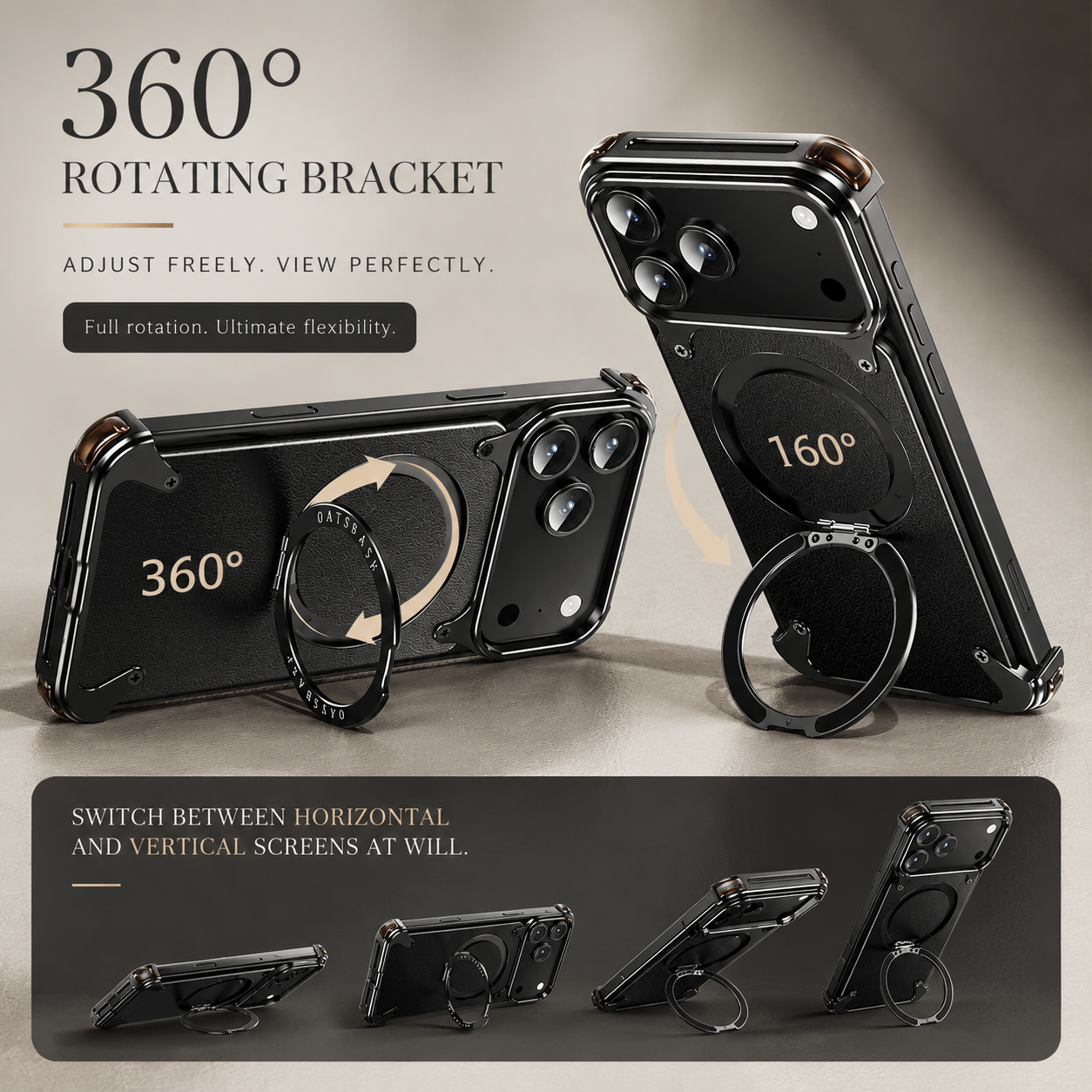 Premium iPhone Case Genuine Leather MagSafe Compatible Protective Cover Rotating Magnetic Stand Ring Shockproof Anti Drop Full Coverage
