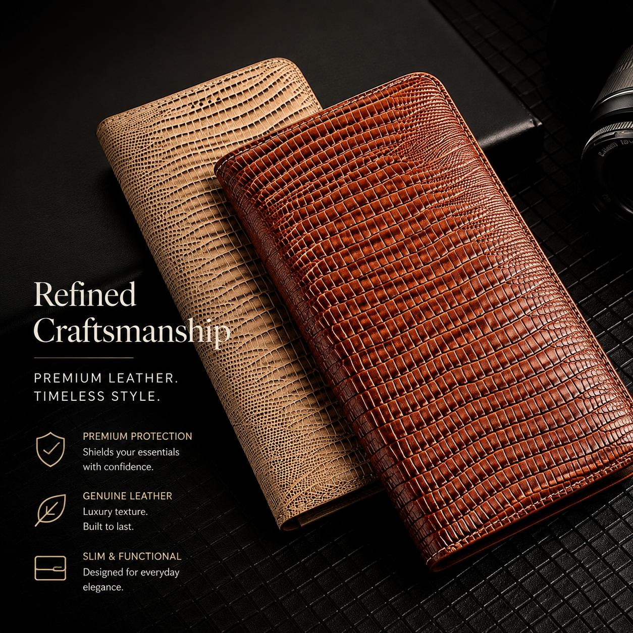 Premium iPhone Case Genuine Lizard Leather Flip Wallet Cover Magnetic Closure Kickstand Card Holder Shockproof Full Body Protection Design