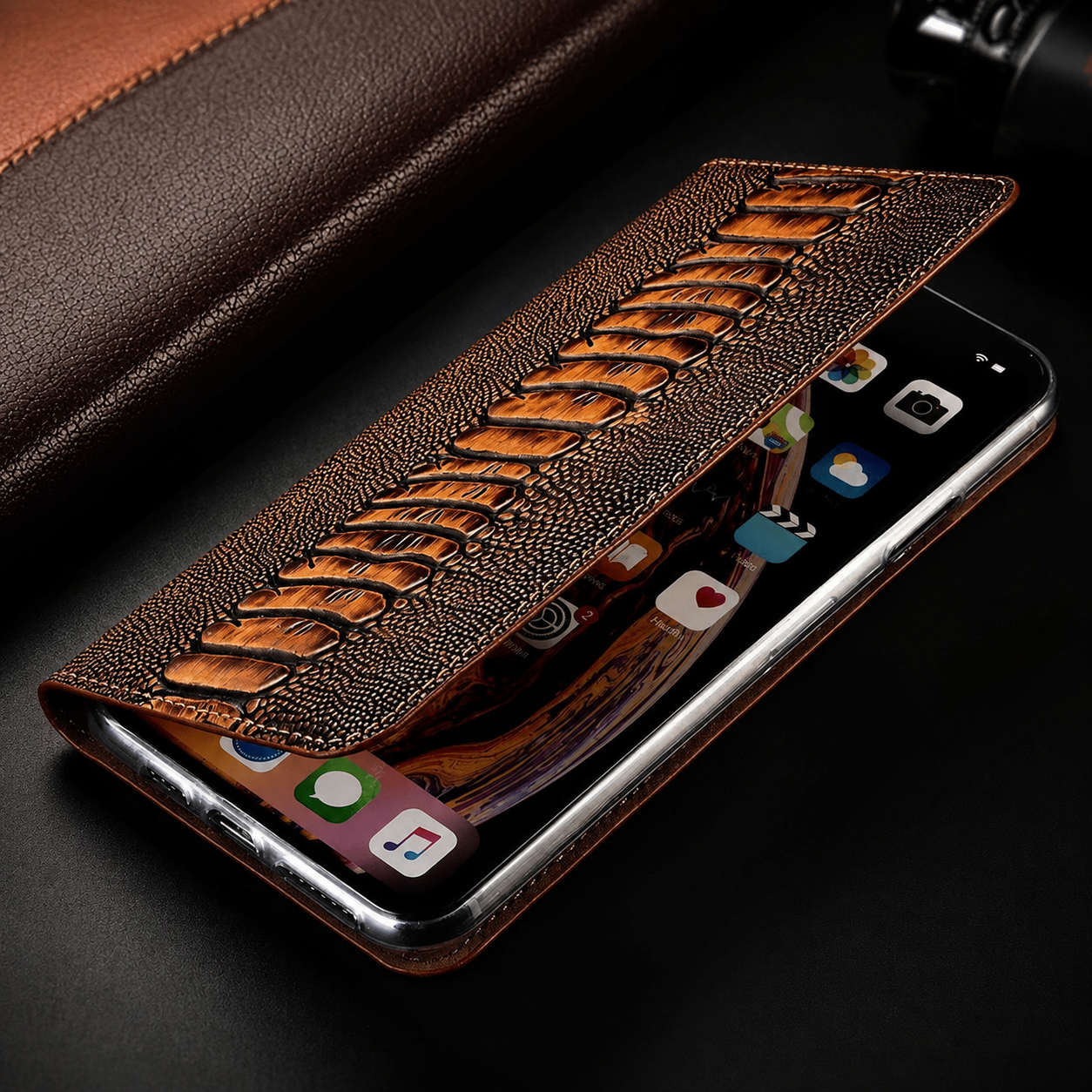 Premium iPhone Case Genuine Ostrich Leather Wallet Cover Camera Lens Protection Magnetic Card Holder Kickstand Anti Scratch Full Coverage
