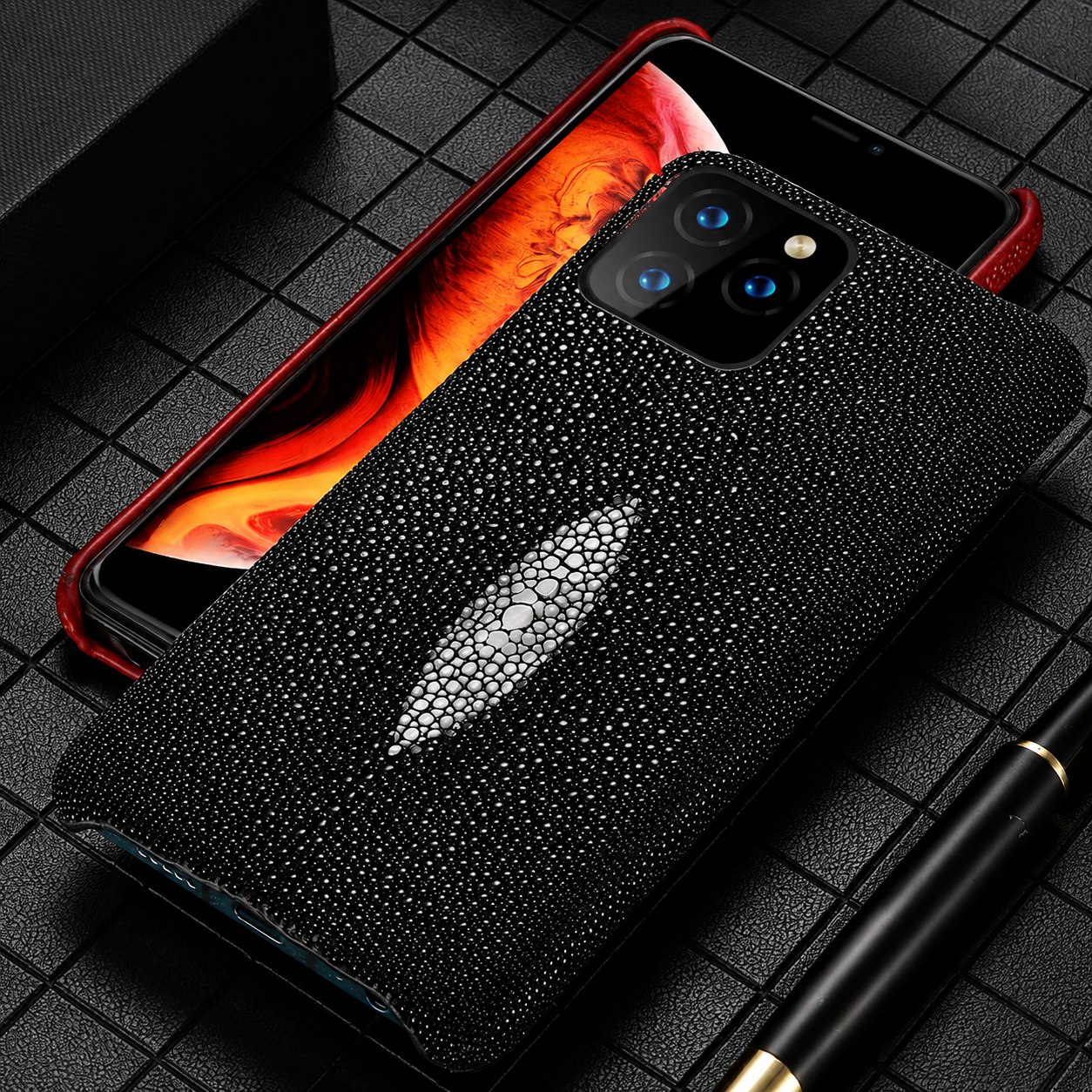 Premium iPhone Case Genuine Stingray Leather Shockproof Cover Camera Lens Protection Anti Fingerprint Dustproof Lightweight Half Wrapped Protective Design
