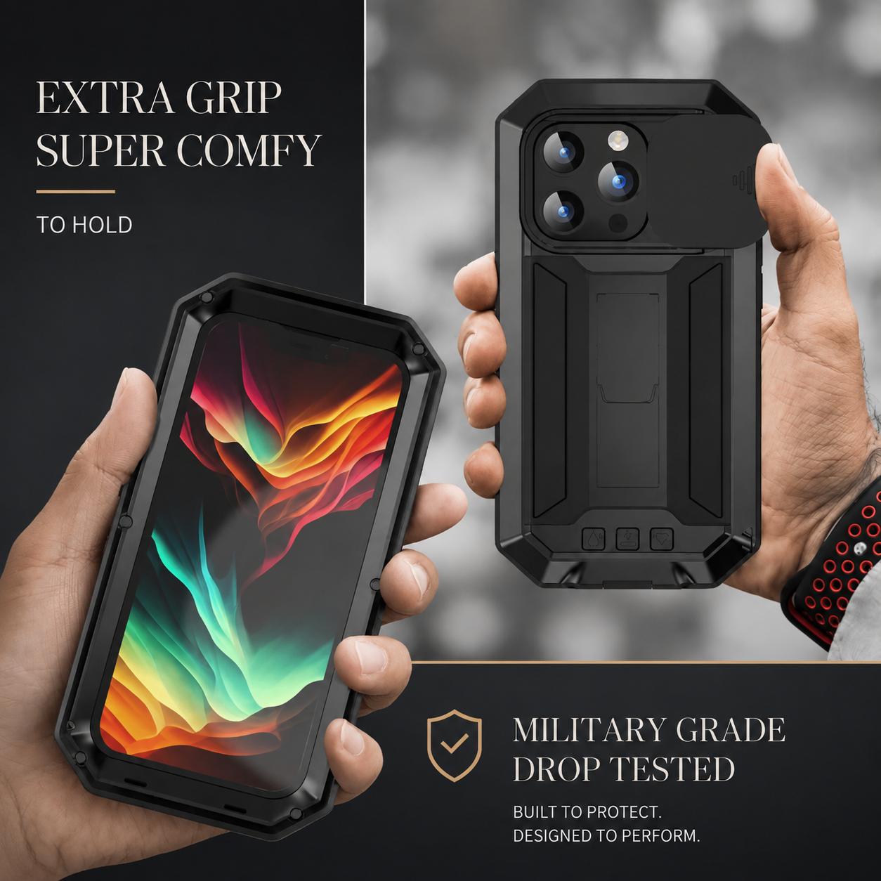Premium iPhone Case Heavy Duty Aluminum Metal Full Body Protective Cover Tempered Glass Screen Protector Camera Lens Slider Shockproof Kickstand Wireless Charging Compatible