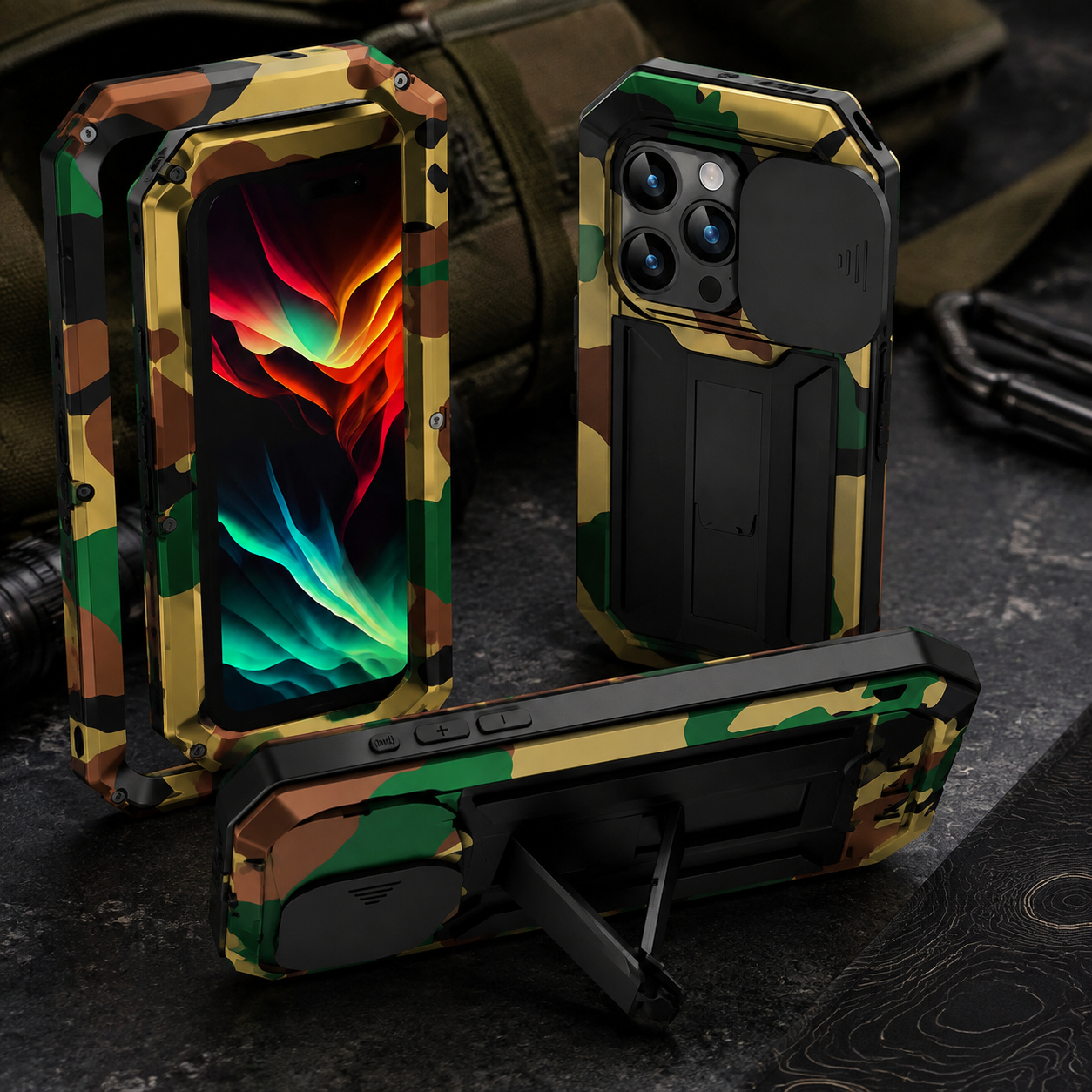 Premium iPhone Case Heavy Duty Aluminum Metal Full Body Protective Cover Tempered Glass Screen Protector Camera Lens Slider Shockproof Kickstand Wireless Charging Compatible