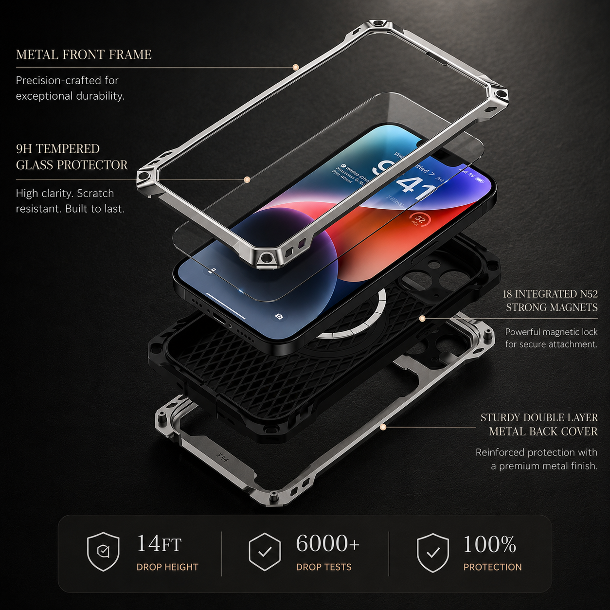 Premium iPhone Case Heavy Duty Metal MagSafe Compatible Protective Cover Military Grade Shockproof Aluminum Bumper Camera Guard Kickstand Anti Scratch Full Coverage