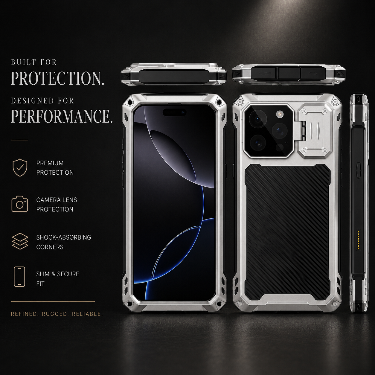 Premium iPhone Case Heavy Duty Metal MagSafe Compatible Protective Cover Military Grade Shockproof Aluminum Bumper Camera Guard Kickstand Anti Scratch Full Coverage