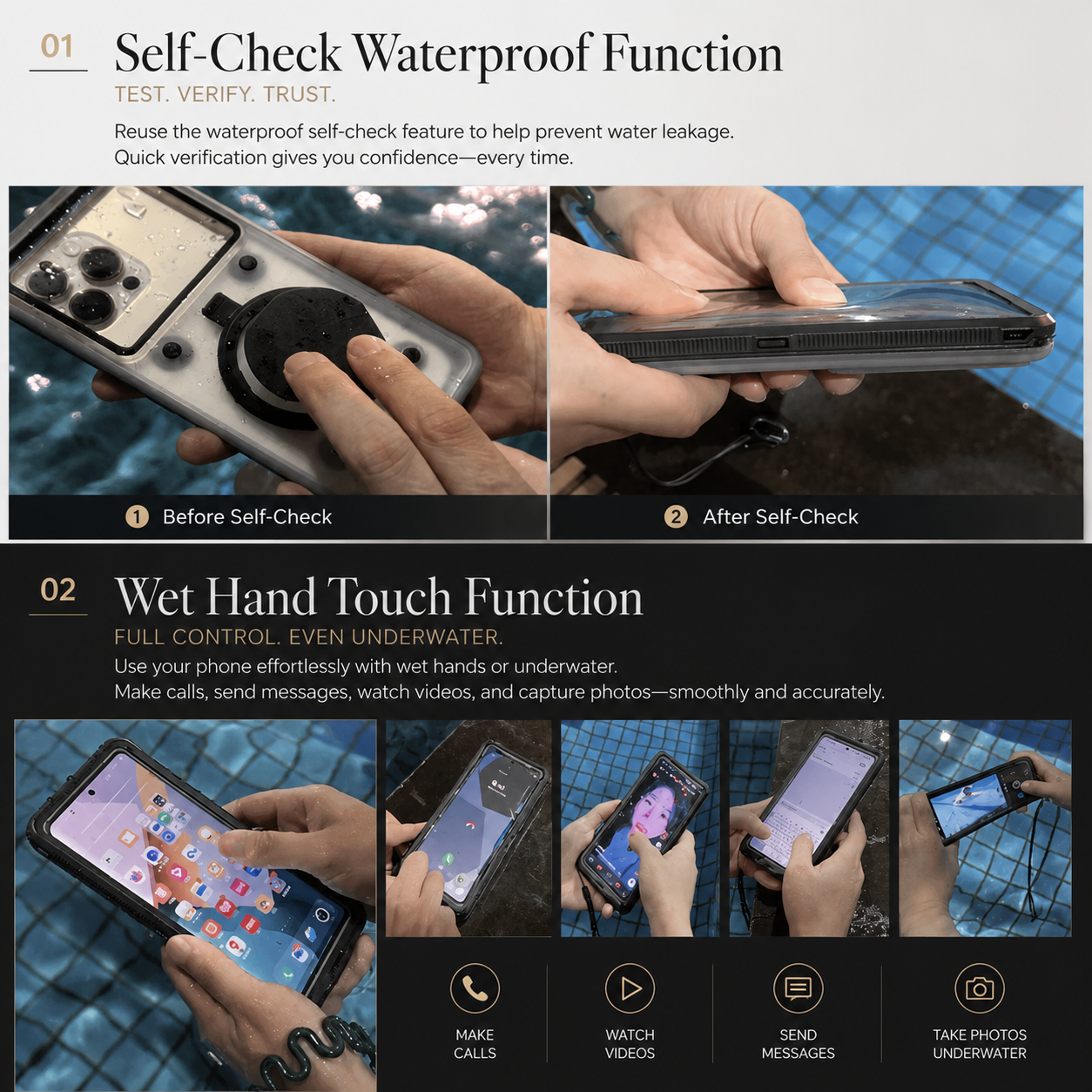Premium iPhone Case IP68 Waterproof Full Body Protective Cover Shockproof Vacuum Seal Touchscreen Access Dustproof Underwater Protection
