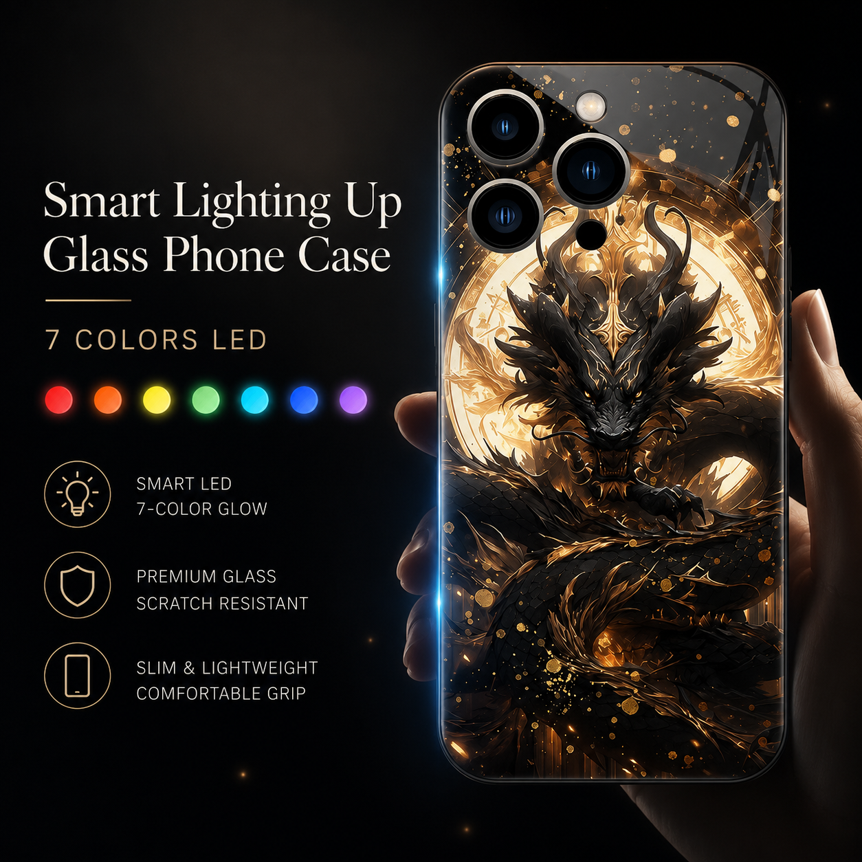 Premium iPhone Case LED Flash Sound Reactive Golden Dragon Luminous Glass Cover Shockproof Ultra Thin Full Body Protection Design