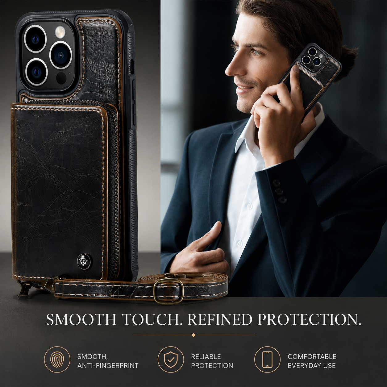 Premium iPhone Case Leather Crossbody Wallet Cover Card Holder Stand Function Lanyard Strap Shockproof Protective Magnetic Closure Full Coverage Design